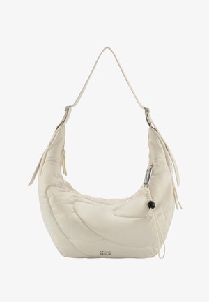 Off-white quilted crescent-shaped shoulder bag with adjustable strap, zipper closure, and Studio Berlin logo at the bottom center.