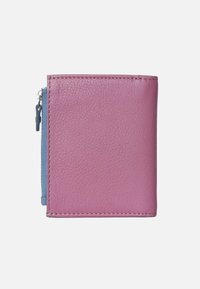 Pink leather wallet with a textured finish. Features a blue zipper on one side and precise stitching along the edges. Compact square shape.