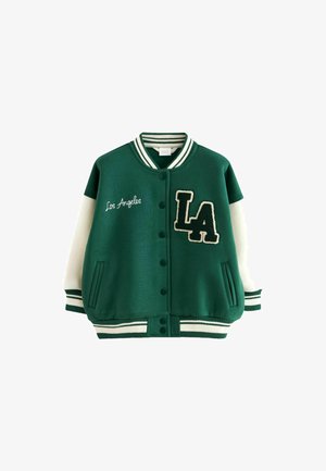 Giacca varsity verde in misto cotone, con maniche crema, toppe ricamate "Los Angeles" e "LA", colletto a coste, polsini e orlo.
