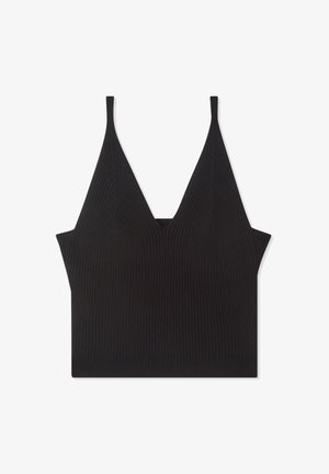 Top corto nero a coste con scollatura a V profonda e spalline sottili. Il tessuto ha una finitura strutturata, che offre un aspetto aderente.