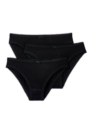 Schwarze Baumwollunterwäsche im Dreierpack, mit glattem Material, delikatem Spitzenbesatz und kleinen Schleifenakzenten am vorderen Taillenbund.