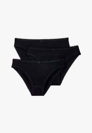 Schwarze Baumwollunterwäsche im Dreierpack, mit glattem Material, delikatem Spitzenbesatz und kleinen Schleifenakzenten am vorderen Taillenbund.