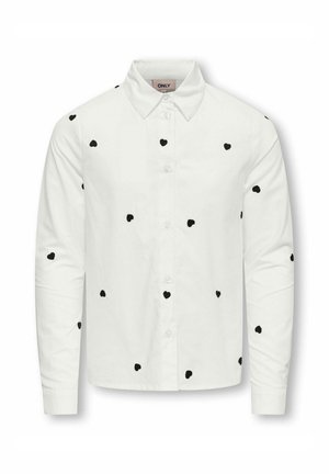 Camicia bianca con maniche lunghe, dotata di colletto button-down e decorata con motivi a cuori neri sparsi su tutta la stoffa.