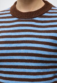 Gros plan d'un pull tricoté rayé horizontalement marron et bleu clair avec un col rond côtelé marron.