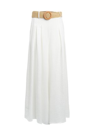 White wide-leg trousers with a textured fabric, featuring a beige woven belt with a circular wooden buckle. Clean design, pleated front.