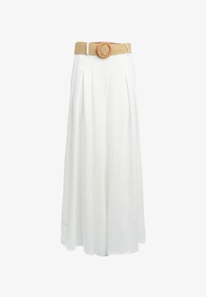 White wide-leg trousers with a textured fabric, featuring a beige woven belt with a circular wooden buckle. Clean design, pleated front.