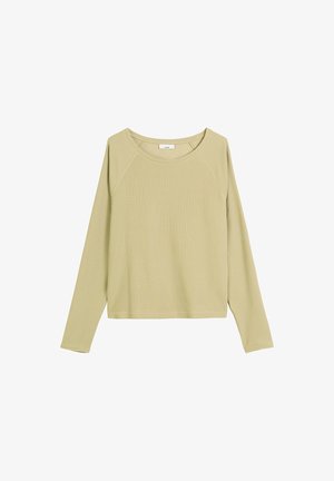 Długi rękaw top w jasnym oliwkowym zielonym kolorze, wykonany z miękkiego materiału. Posiada okrągły dekolt i rękawy raglanowe, z luźnym krojem i prostym wykończeniem.