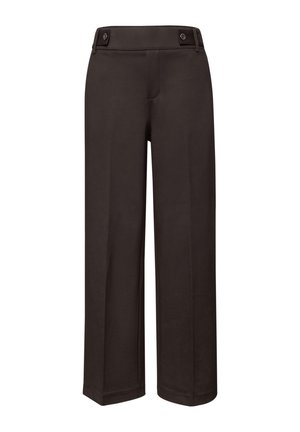 Pantalon large noir à taille haute, passants de ceinture à boutons et plis marqués à l'avant.
