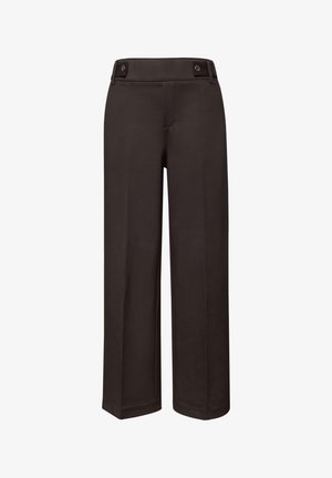Pantalon large noir à taille haute, passants de ceinture à boutons et plis marqués à l'avant.