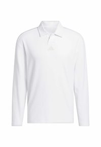 Vit långärmad polo tröja i mjukt tyg med klassisk krage, två knappar och en diskret logotyp på bröstet.