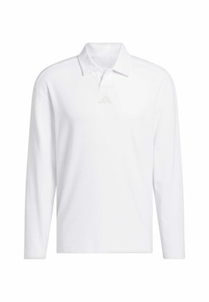 White long-sleeve polo shirt made of smooth fabric featuring a classic collar, two buttons, and a subtle brand logo on the chest.