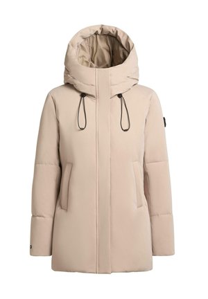 Beige pufferjakke med høy hette, glidelås foran, snorløsninger og to sidelommer. Glatt tekstur og minimalistisk design.