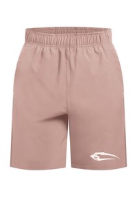 Shorts à taille élastique rose clair avec un logo flèche stylisée blanche sur la jambe inférieure droite, présentés sur un fond blanc uni.