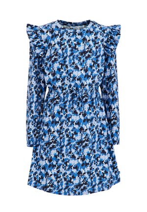 Blue and black floral print dress with long sleeves, ruffled shoulders, round neckline, and cinched waist with a drawstring.