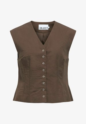 Vestă maro fără mâneci cu decolteu în V, opt nasturi capsa argintii pe față și talie cambrată, etichetată ".OBJECT" pe interiorul gulerului.