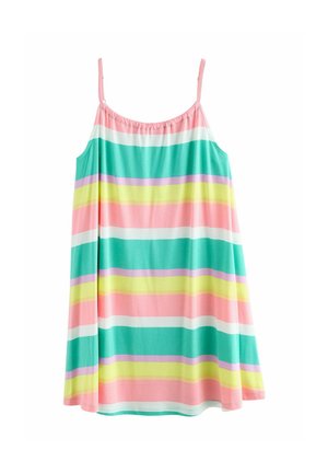 Letnia sukienka bez rękawów z cienkimi ramiączkami i poziomymi pasami w pastelowych kolorach: różowym, turkusowym, żółtym, lawendowym i białym.