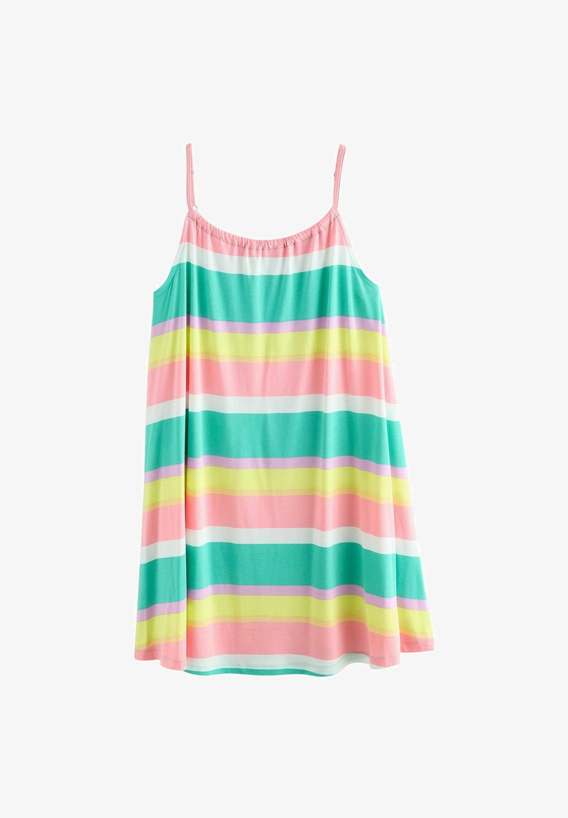 Robe d'été sans manches avec fines bretelles et rayures horizontales pastel en rose, sarcelle, jaune, lavande et blanc.