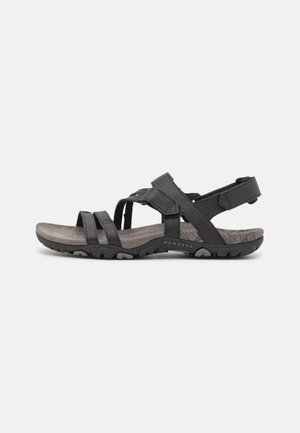 Czarne sandały z otwartymi palcami wykonane z materiału syntetycznego, z regulowanymi paseczkami, teksturowanym wkładem oraz gumową podeszwą z rowkami antypoślizgowymi.