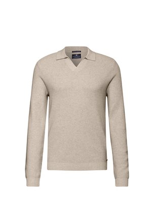 Beige Langarm-Pullover mit V-Ausschnitt und Kragen. Strukturierter Strickstoff mit gerippten Bündchen und Saum. Mit Markenlabel im Halsausschnitt.