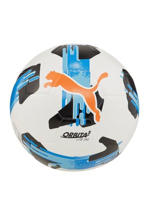 Puma Orbit 5 Lite 290 soccer ball, white with black and blue accents, features an orange Puma logo and geometric patterns in the design.