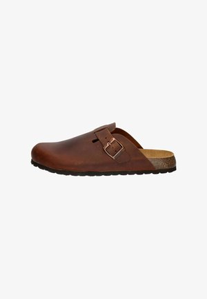 Brown leather clog with a rounded toe, side buckle detail, and textured cork footbed, featuring a black rubber sole for grip.