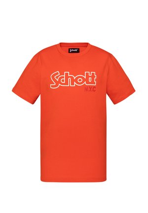 Fel oranje T-shirt met korte mouwen en ronde hals, wit omlijnde "Schott" tekst en kleinere "N.Y.C" bedrukt op de borst.