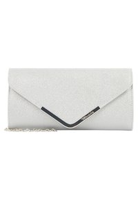 Pochette argentée avec une surface texturée, au design en enveloppe et un détail d'accent noir. Équipée d'une chaîne en argent amovible.