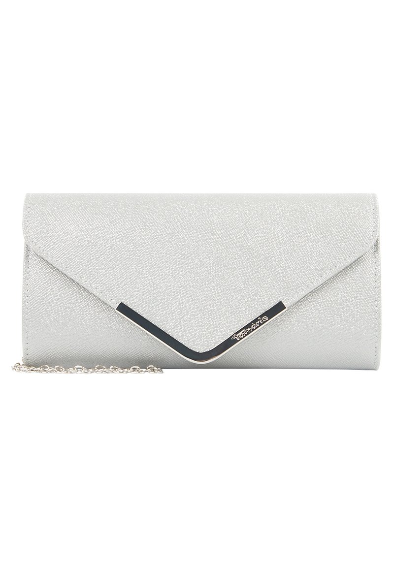 Pochette argentée avec une surface texturée, au design en enveloppe et un détail d'accent noir. Équipée d'une chaîne en argent amovible.