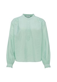 Camicia verde menta realizzata in tessuto leggero, con colletto alla coreana, pattina frontale con bottoni e maniche a palloncino gatherate con polsini arricciati.