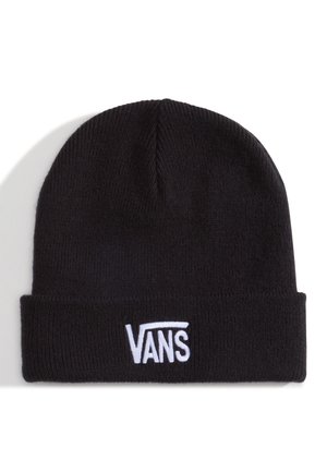 Czarna dziana czapka typu beanie z podwiniętym mankietem i białym logo Vans wyhaftowanym na przedniej środkowej części mankietu.