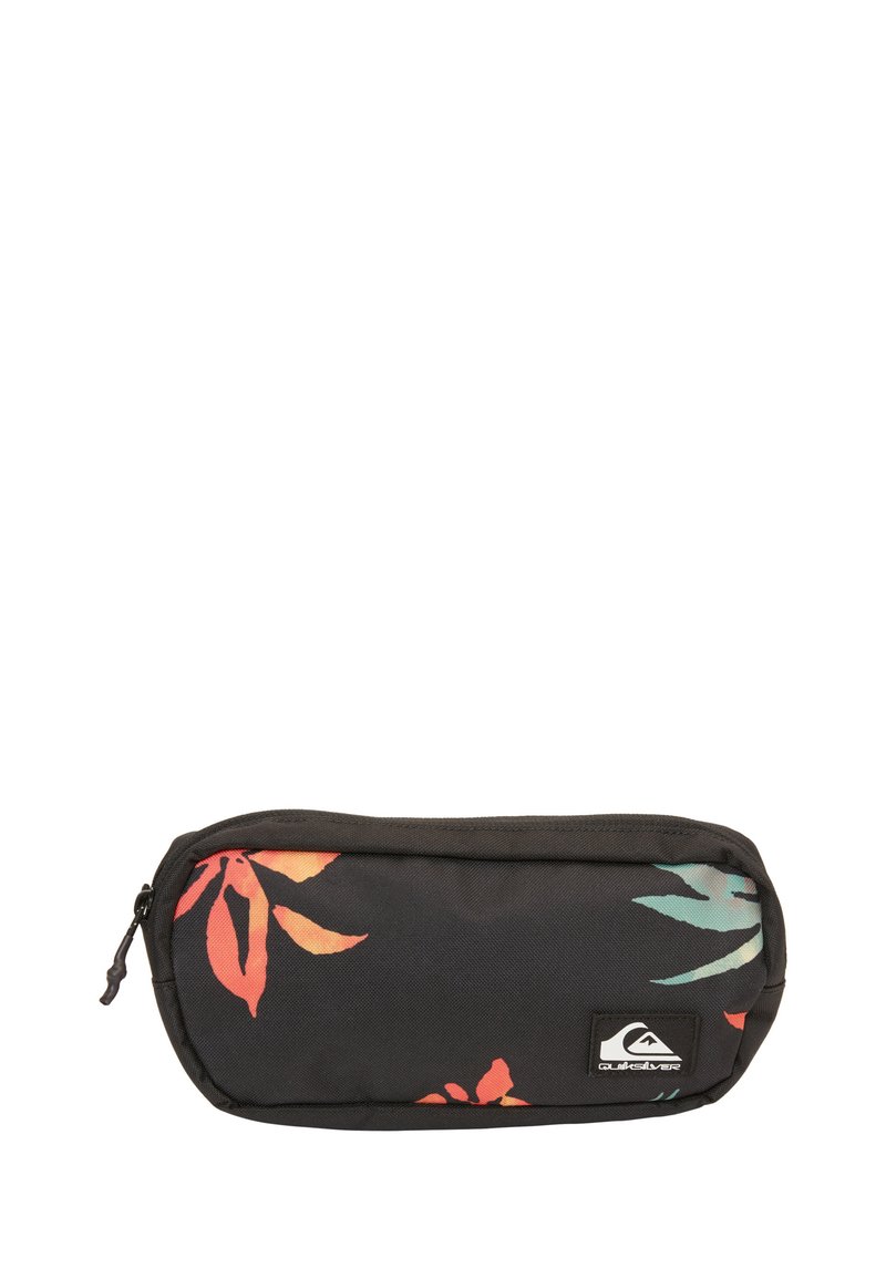 Schwarzes Stoffetui mit bunten Blumenmustern in Orange und Türkis. Mit Reißverschluss und sichtbarem Logoetikett. Glatte Textur.