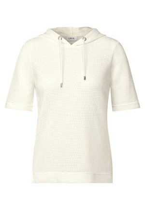 Haut à manches courtes blanc en tissu texturé avec un motif gaufré, capuche avec cordon de serrage et coupe d�écontractée.