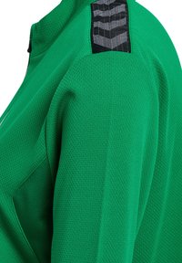Gros plan d'une manche de veste verte texturée avec un patch noir présentant un motif chevron blanc sur l'épaule.