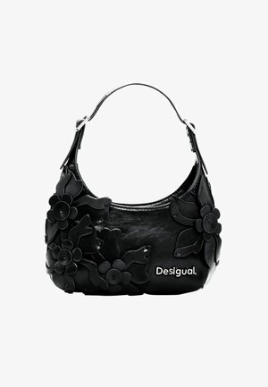 Must käekott, millel on reljeefne lillemuster, sünteetilisest materjalist, ümmargune kuju, lühike käepide ja valge logo esiküljel.