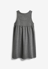 Graues ärmelloses Kleid mit tailliertem Oberteil und schwingendem Rock. Weicher, strukturierter Stoff. Rundhalsausschnitt und schlichtes Design. Keine sichtbaren Verzierungen.