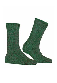Zielone skarpetki z ryflowanym wzorem, wykonane z mieszanki ciemnozielonych i jasnozielonych włókien, sięgające do połowy łydki.