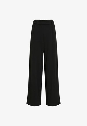 Melni plaši bikses ar augstu jostasvietu un pogu detaļām jostasvietā, izgatavotas no gludas auduma, kas piemērots gan formālām, gan ikdienišķām lietošanai.