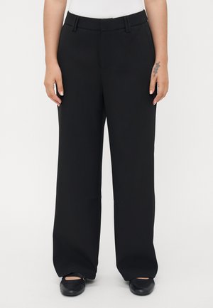 Black wide-leg trousers with a smooth texture, featuring a waistband with belt loops and slant pockets on each side.