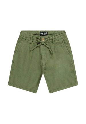 Olijf groene shorts van een katoenmix. Voorzien van een elastische tailleband met een koord en zijzakken. Houten knoopdetail aan de voorkant.