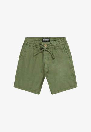 Olijf groene shorts van een katoenmix. Voorzien van een elastische tailleband met een koord en zijzakken. Houten knoopdetail aan de voorkant.