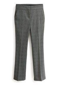Pantalon sur mesure à carreaux gris avec poches latérales, coupe droite et pli subtil sur le devant, présenté sur un fond blanc.