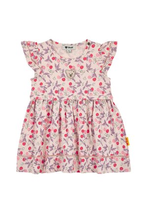 Rosa Kleid mit kurzen, gerafften Ärmeln, Blumen- und Beerendesign, gerafftem Rock und Bärenmotiv auf der Brust. Weicher Stoff, lässige Passform.