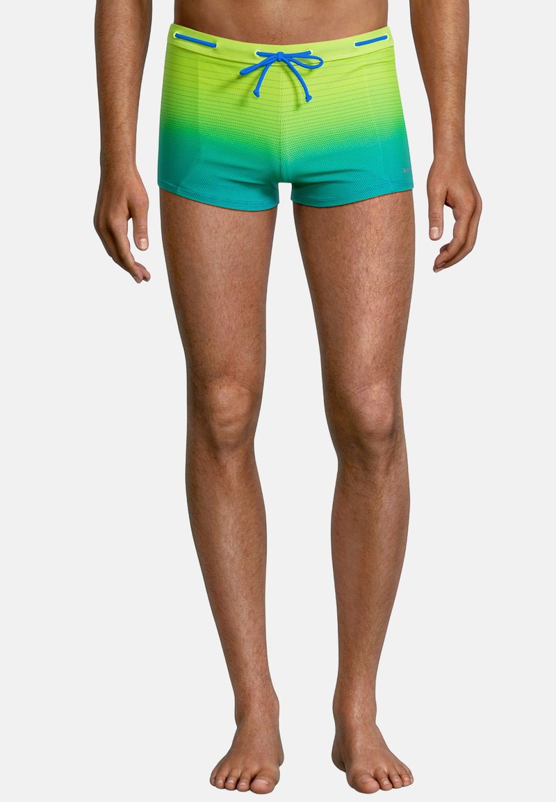 Zwemshorts met een gradientpatroon dat overgaat van felgroen naar blauw, met een tailleband met trekkoord en een gladde, rekbare stof.