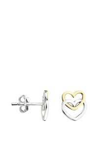 Silver- och guldörhängen i form av hjärtan med två ihopflätade hjärtan. Slät metallicfinish med polerade ytor.