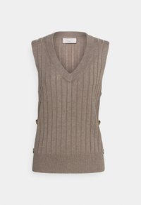 Beżowa dzianinowa kamizelka bez rękawów z dekoltem w serek, pionowym prążkowaniem i ozdobnymi guzikami po bokach. Miękka tekstura i dopasowany krój.