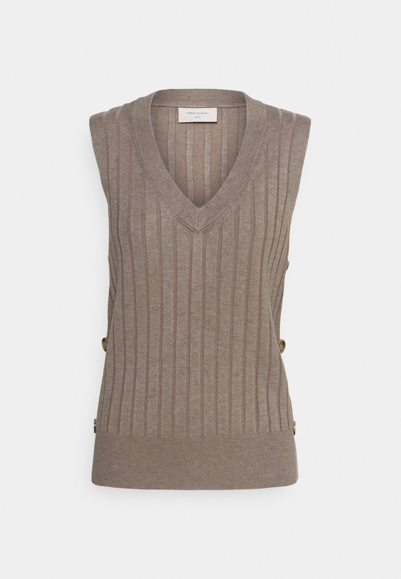 Beżowa dzianinowa kamizelka bez rękawów z dekoltem w serek, pionowym prążkowaniem i ozdobnymi guzikami po bokach. Miękka tekstura i dopasowany krój.