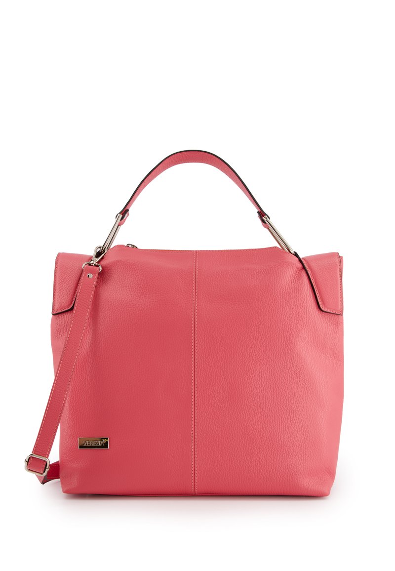 Pink læder handbag med en struktureret finish, der har et håndtag øverst og en aftagelig skulderrem. Inkluderer en guld logoaccent.