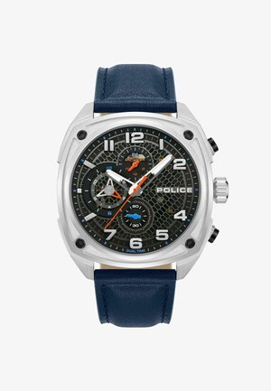 Quadratische silberne Uhr mit schwarzem Waben-Zifferblatt, weißen und orangen Zeigern, Nebenanzeigen für Dualzeit und blauem Lederarmband, Marke "POLICE".