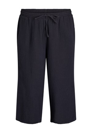 Dark navy cropped pants with an elastic waistband, drawstring, and two side pockets; textured fabric with a subtle crinkle effect.