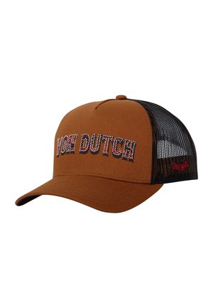 Casquette en tissu marron avec un dos en maille noire, affichant "VON DUTCH" en texte multicolore. Visière courbée et fermeture snapback ajustable.